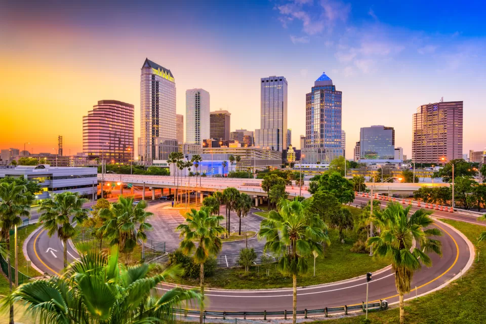 Aerial view of Tampa, Florida skyline at dusk.